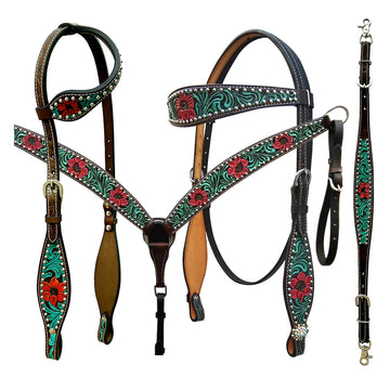 Bar H Equine American Leather Horse Saddle Tack One Ear Headstall Breast Collar Browband Wither Strap Botanic Chiseled